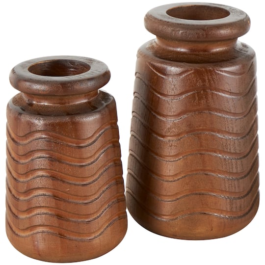 Brown Wood Vase with Carved Wavy Design Set